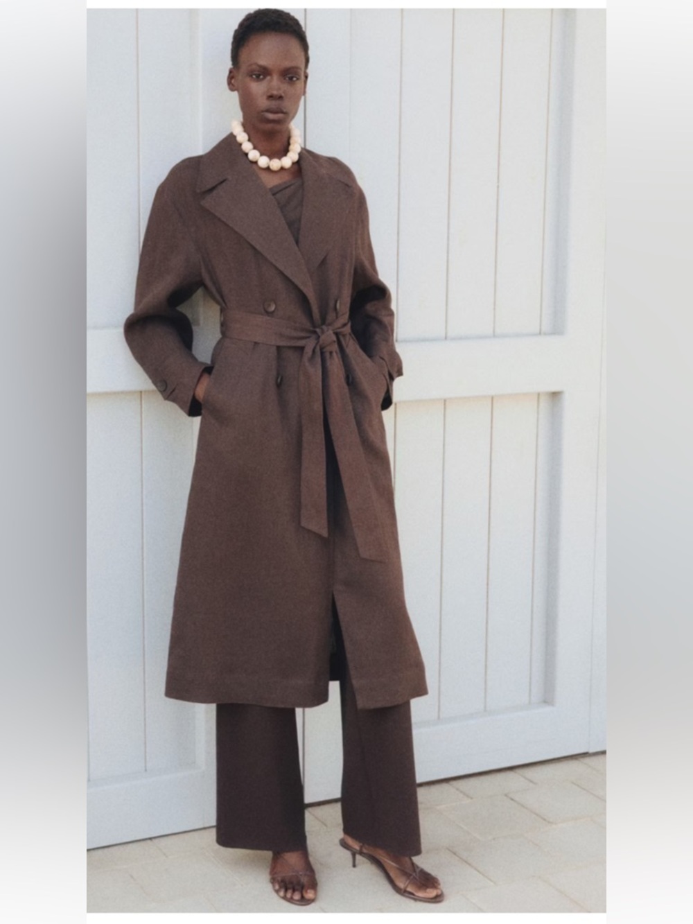 Mango Brown Double-Breasted Linen Trench Coat - Picture 1 of 16